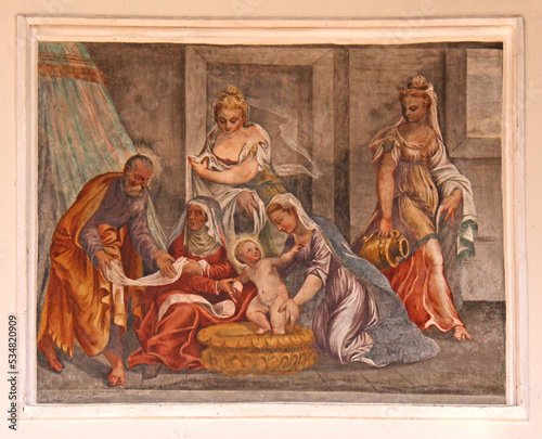 nascita di Maria. Affresco nella Chiesa parrocchiale di Civezzano in Valsugana (Trentino)