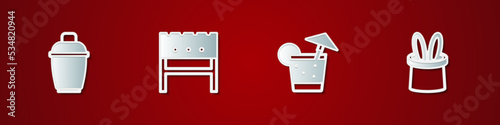 Set Cocktail shaker, BBQ brazier, and Magician hat and rabbit ears icon. Vector