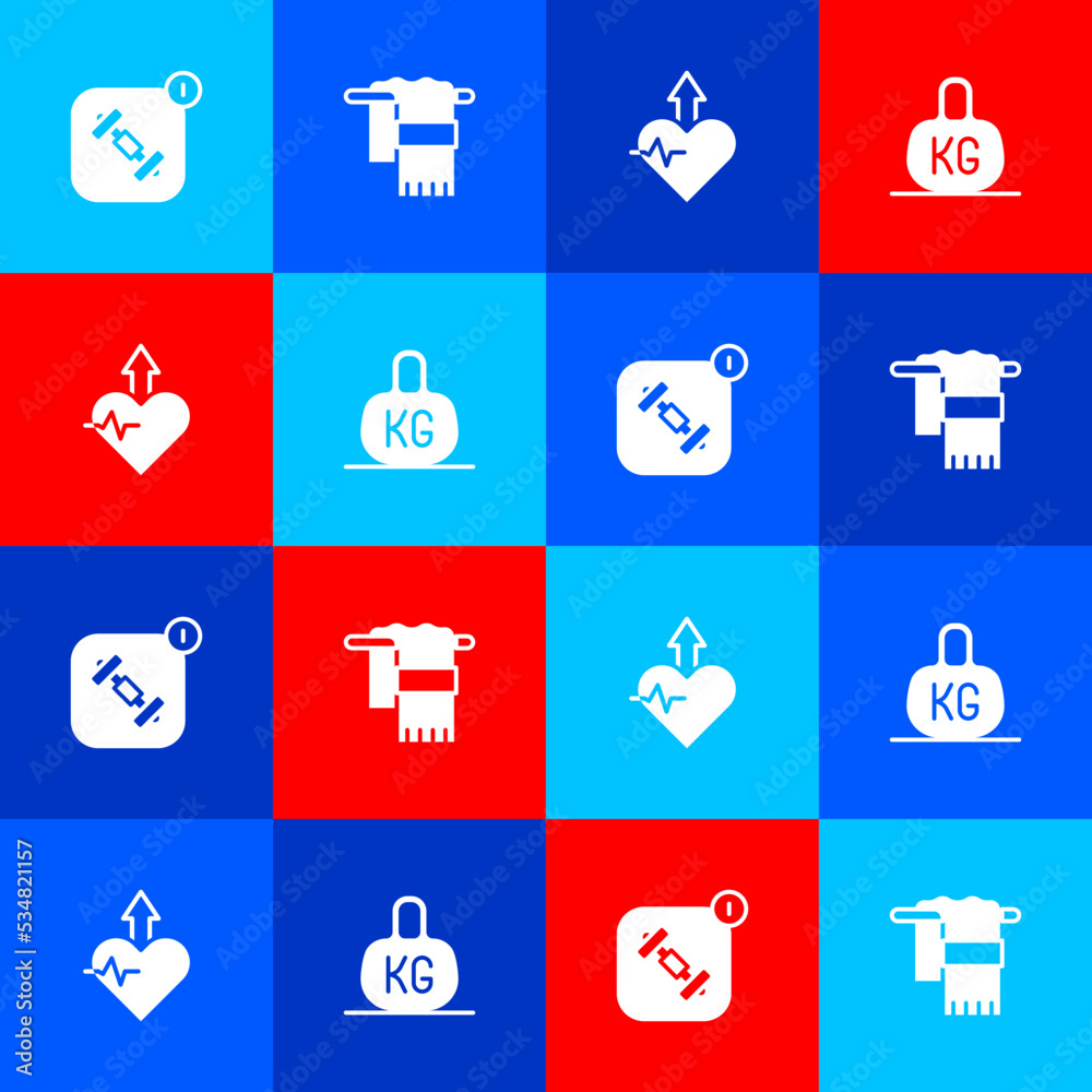 Set Fitness app, Towel on hanger, Heartbeat increase and Weight icon. Vector Set Fitness app, Towel on hanger, Heartbeat increase and Weight icon. Vector