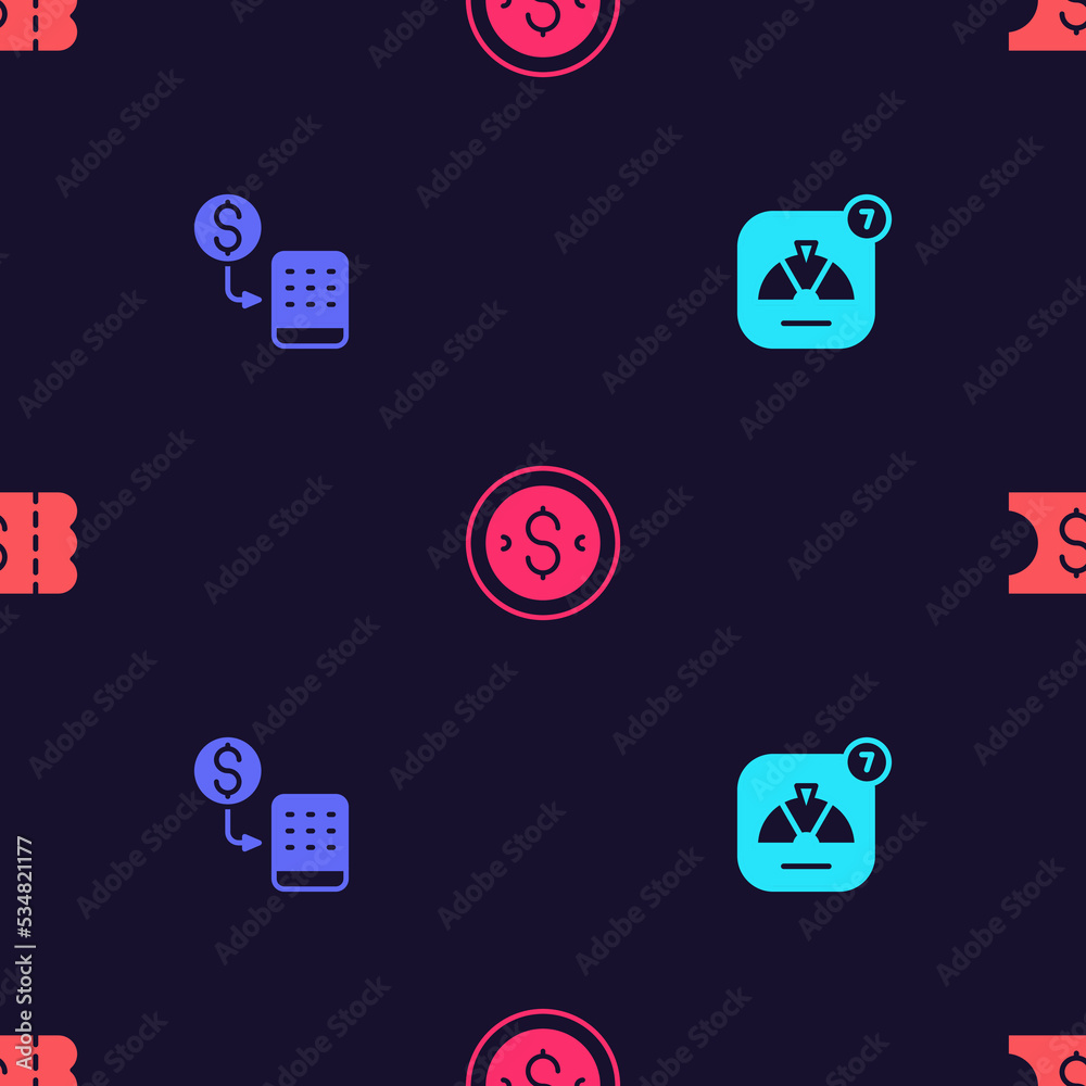 Set Lucky wheel, Casino chips exchange, Coin money with dollar and Lottery ticket on seamless pattern. Vector Set Lucky wheel, Casino chips exchange, Coin money with dollar and Lottery ticket on seamless pattern. Vector