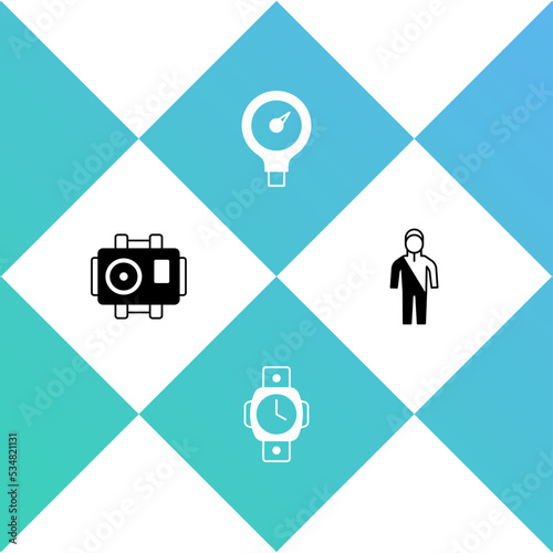 Set Photo camera for diver, Diving watch, Gauge scale and Wetsuit scuba diving icon. Vector