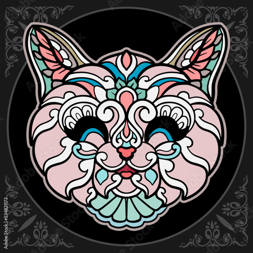 Colorful cat head mandala arts isolated on black background