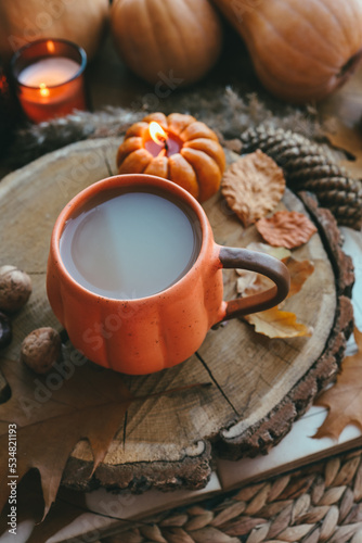 A cup of cocoa and a burning candle and autumn decor on the windowsill
