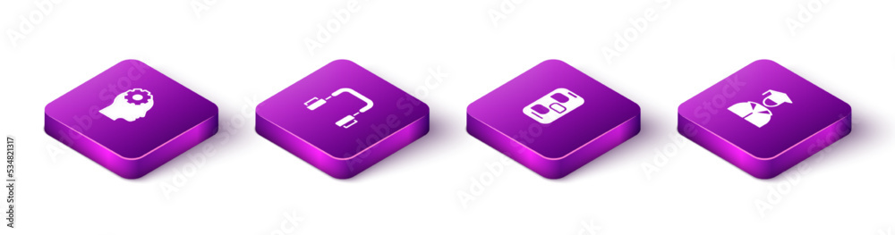 Set Isometric Head with gear inside, Headphones, New chat messages notification and Graduate and graduation cap icon. Vector Set Isometric Head with gear inside, Headphones, New chat messages notification and Graduate and graduation cap icon. Vector