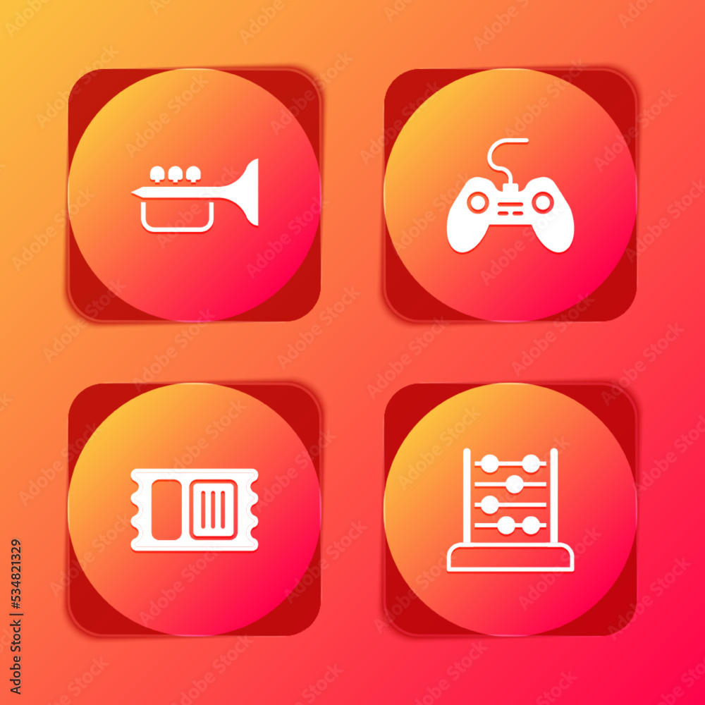 Set Trumpet, Gamepad, Circus ticket and Abacus icon. Vector