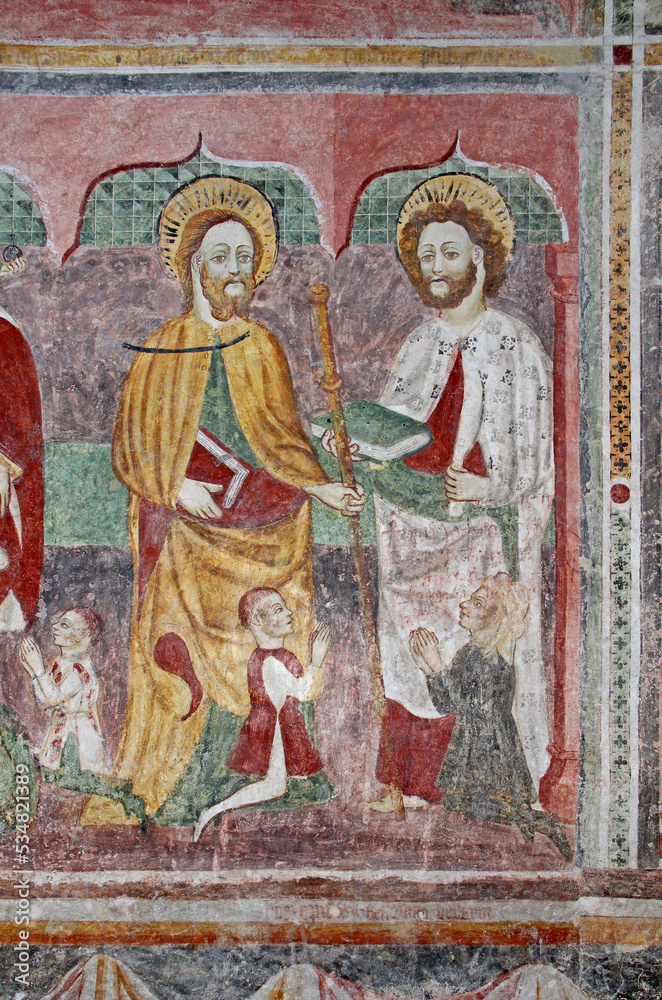 San Giacomo Maggiore e San Bartolomeo.  Affresco nella chiesetta dei Santi Ippolito e Cassiano a Castel Tesino (Trentino)