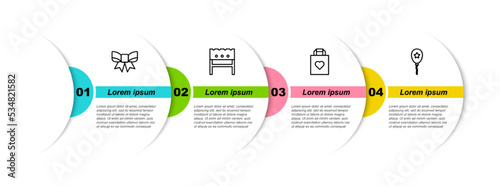 Set line Gift bow, BBQ brazier, Shopping bag with heart and Balloon ribbon. Business infographic template. Vector