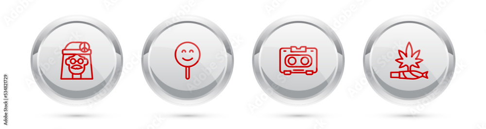 Set line Hippie girl, Smile face, Retro audio cassette tape and Marijuana joint, spliff. Silver circle button. Vector Set line Hippie girl, Smile face, Retro audio cassette tape and Marijuana joint, spliff. Silver circle button. Vector