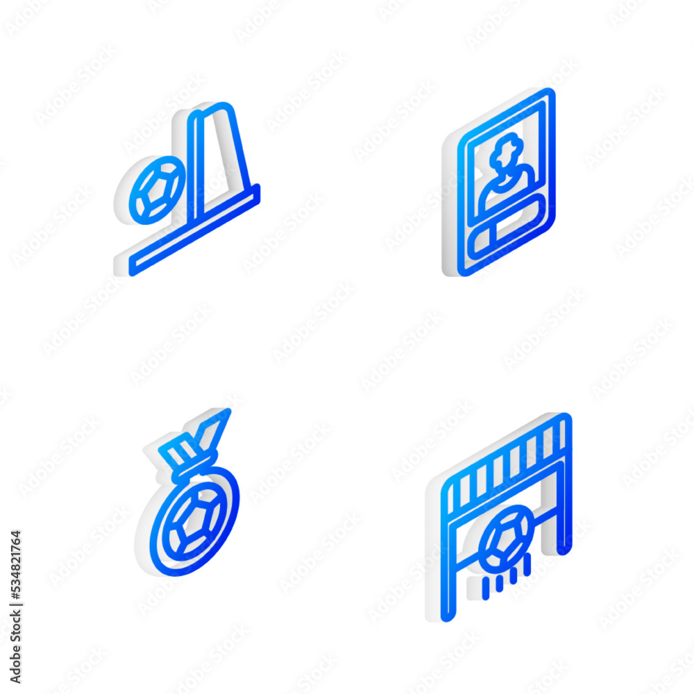 Set Isometric line Football or soccer card, goal with, medal and icon. Vector Set Isometric line Football or soccer card, goal with, medal and icon. Vector