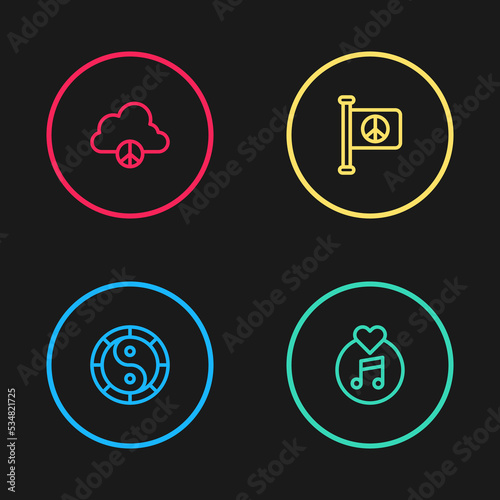 Set line Yin Yang symbol, Vinyl disk, Flag peace and Peace cloud icon. Vector