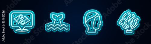 Set line Flippers for swimming, Whale tail, Diving hood and Coral. Glowing neon icon. Vector