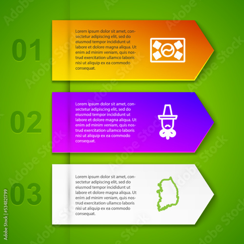Set line South Korea flag, Korean hat and map. Business infographic template. Vector