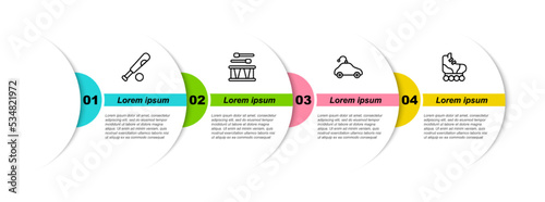 Set line Baseball bat with ball, Drum drum sticks, Radio controlled car toy and Roller skate. Business infographic template. Vector