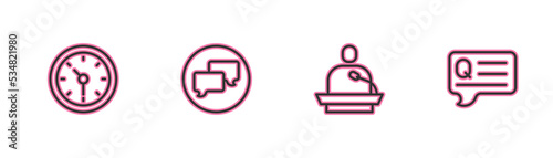 Set line Clock, Gives lecture, Speech bubble chat and bubbles with Question icon. Vector