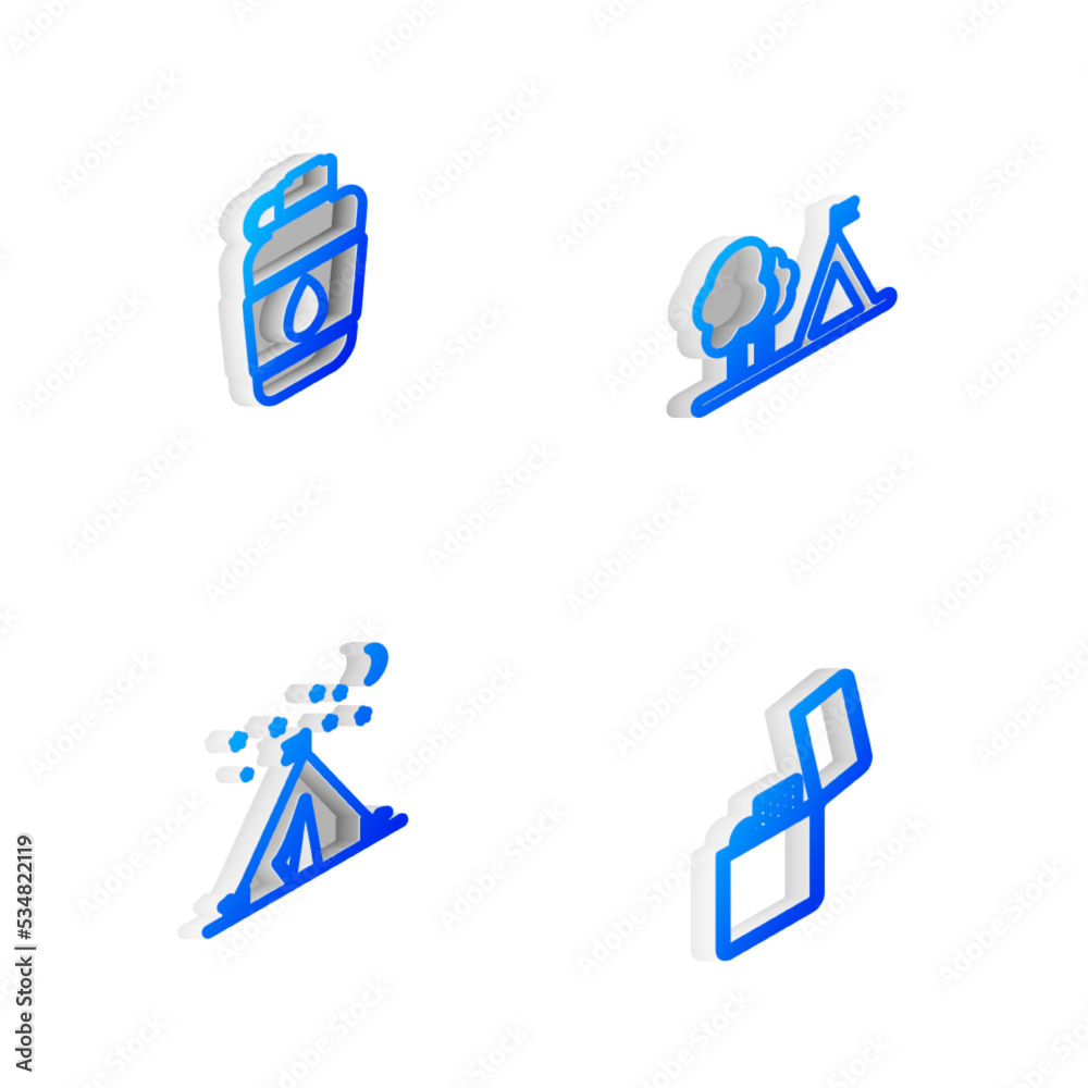 Set Isometric line Tourist tent with flag, Canteen water bottle, and Lighter icon. Vector Set Isometric line Tourist tent with flag, Canteen water bottle, and Lighter icon. Vector