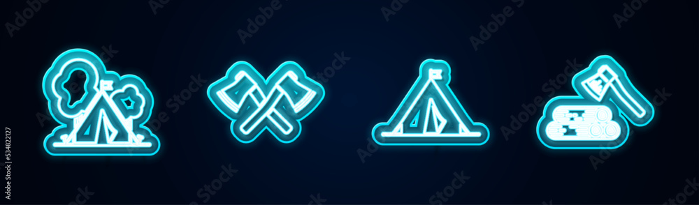 Set line Tourist tent with flag, Crossed wooden axe, and Wooden and. Glowing neon icon. Vector Set line Tourist tent with flag, Crossed wooden axe, and Wooden and. Glowing neon icon. Vector