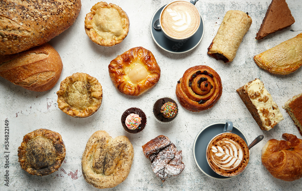 Flat lay of pastries and bread