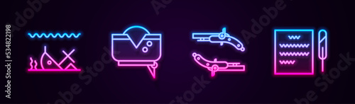 Set line Sunken ship, Pirate hat, Vintage pistols and Feather pen and scroll. Glowing neon icon. Vector