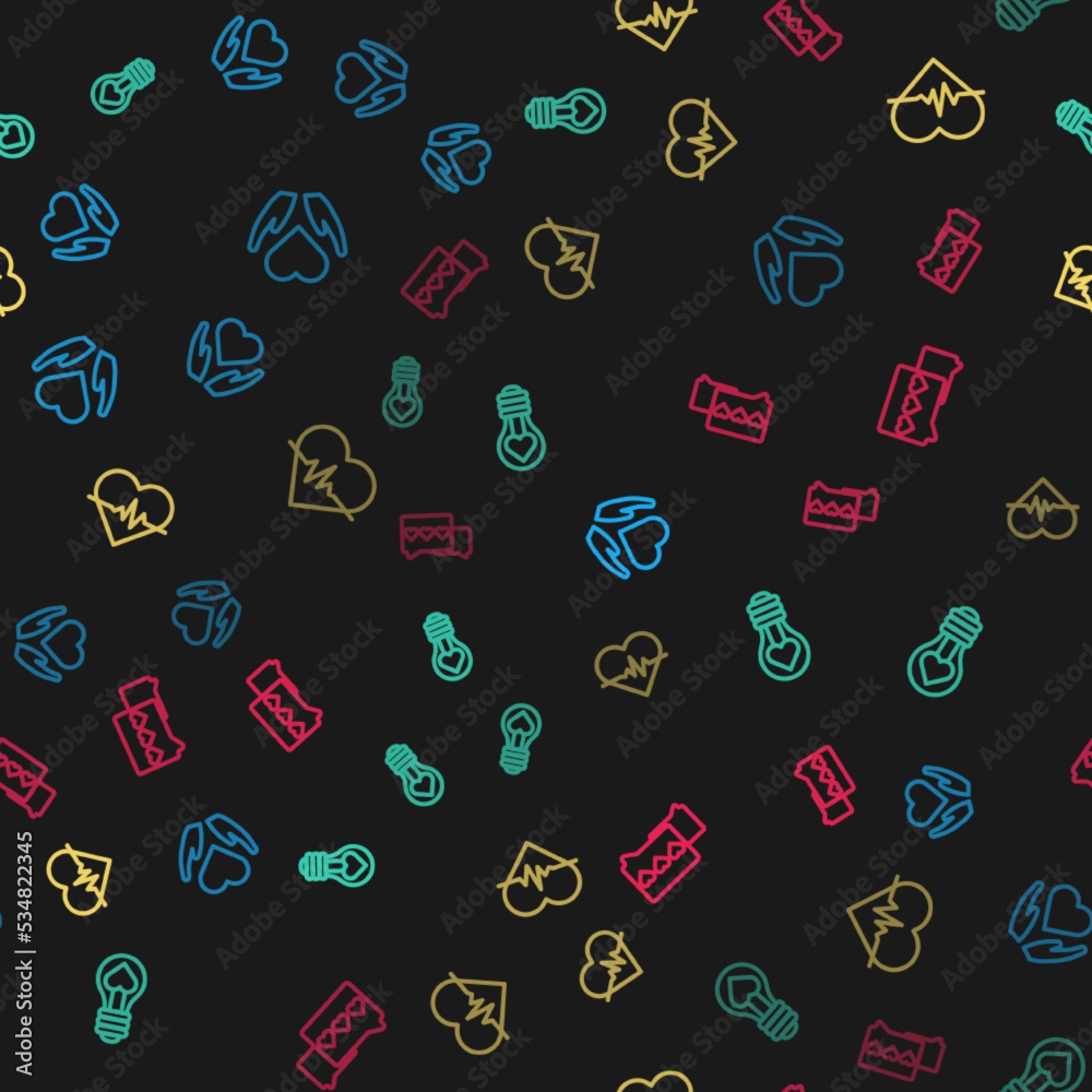 Set line Heart in hand, shape light bulb, rate and Like heart on seamless pattern. Vector Set line Heart in hand, shape light bulb, rate and Like heart on seamless pattern. Vector