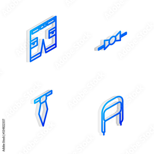 Set Isometric line Bow tie, Short or pants, Tie and Winter hat with ear flaps icon. Vector