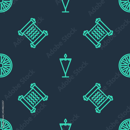 Set line Medieval flag, Decree, parchment, scroll and Old wooden wheel on seamless pattern. Vector