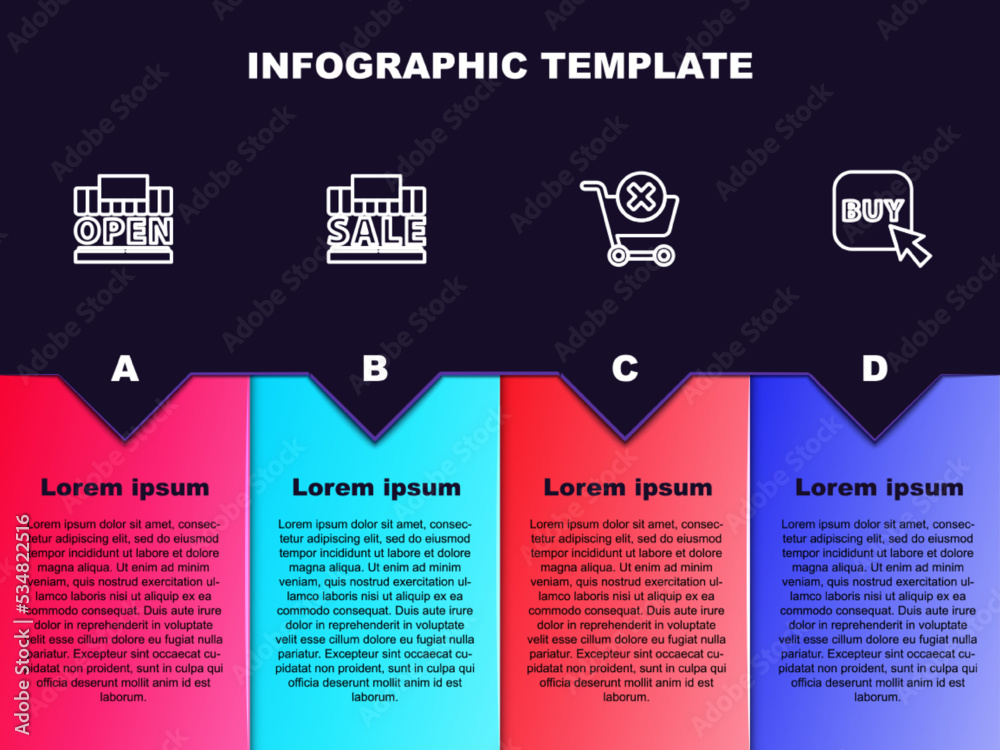 Set line Shopping building and open, sale, Remove shopping cart and Buy button. Business infographic template. Vector Set line Shopping building and open, sale, Remove shopping cart and Buy button. Business infographic template. Vector