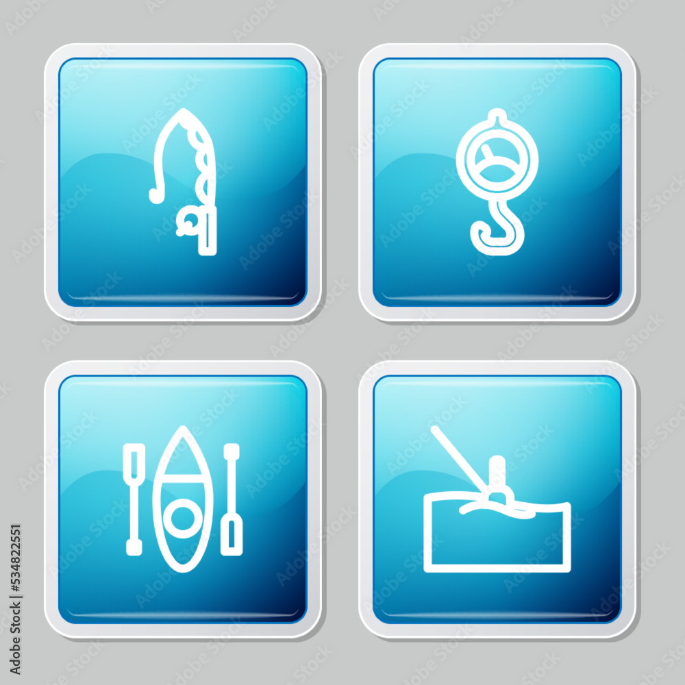Set line Fishing rod, Spring scale, Kayak or canoe and float water icon. Vector Set line Fishing rod, Spring scale, Kayak or canoe and float water icon. Vector