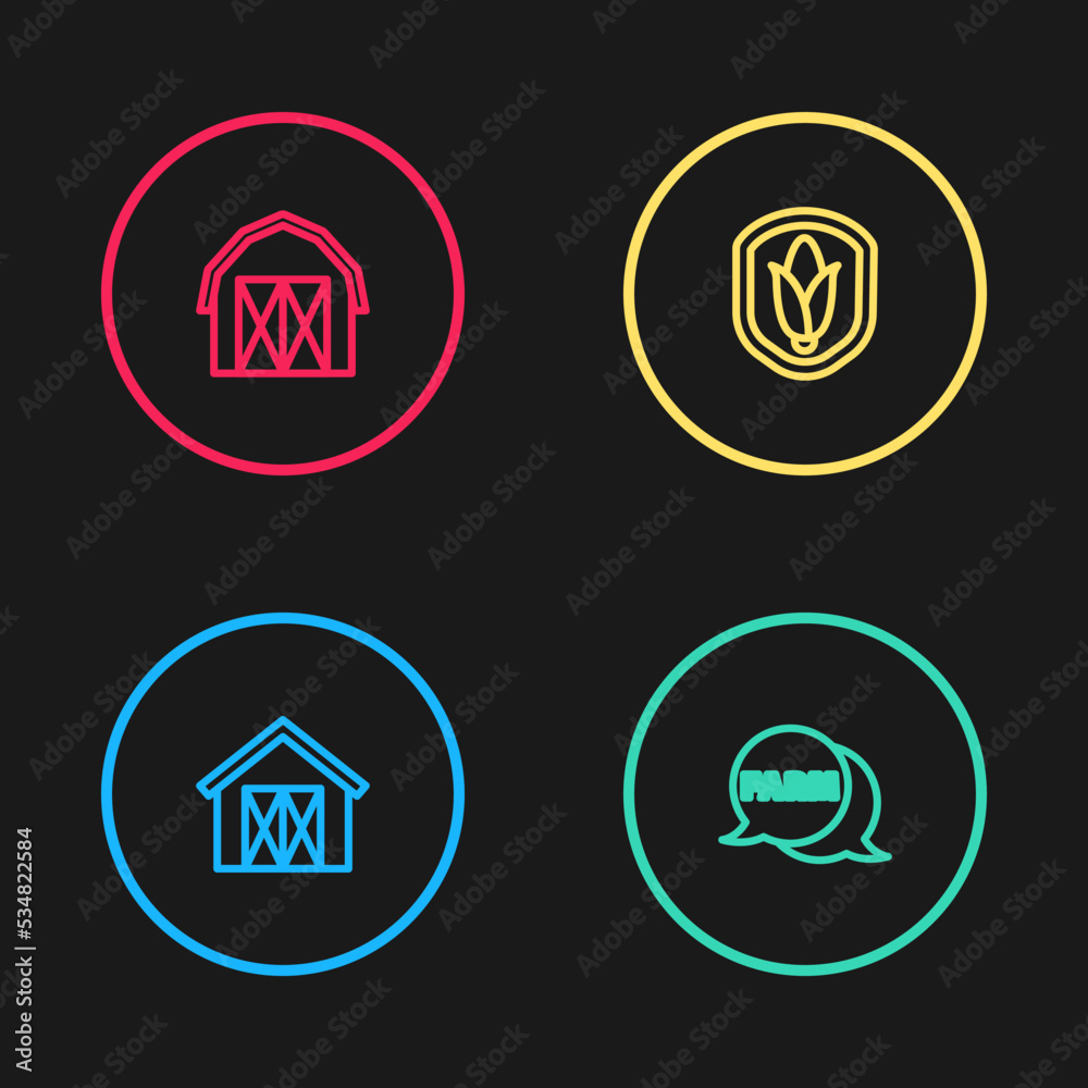 Set line Farm house, Speech bubble with, Shield corn and icon. Vector Set line Farm house, Speech bubble with, Shield corn and icon. Vector