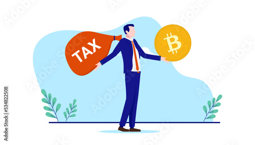 Bitcoin taxes - Businessman standing with crypto currency coin and bag of tax. Flat design vector illustration with white background