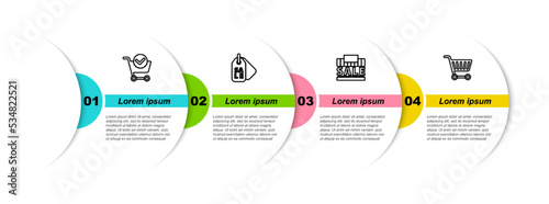 Set line Shopping cart with check mark, Price tag Sale, building and sale and . Business infographic template. Vector