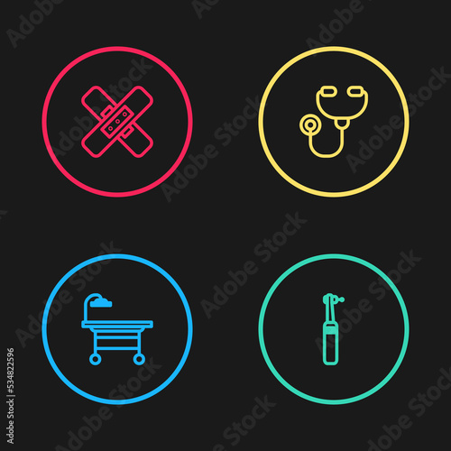 Set line Operating table, Tooth drill, Stethoscope and Crossed bandage plaster icon. Vector