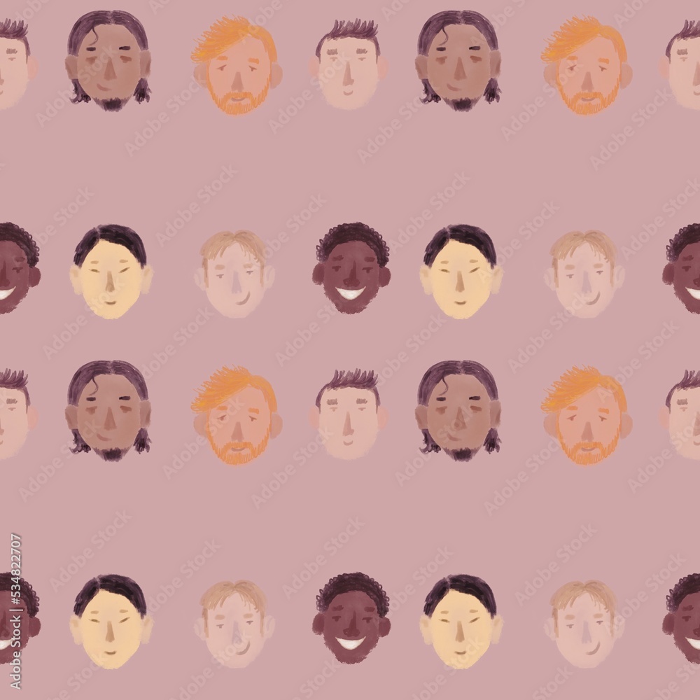 a group of smiling men, many people, different nationalities in pastel colors on a pink background. concept of individuality and unity a group of smiling men, many people, different nationalities in pastel colors on a pink background. concept of individuality and unity