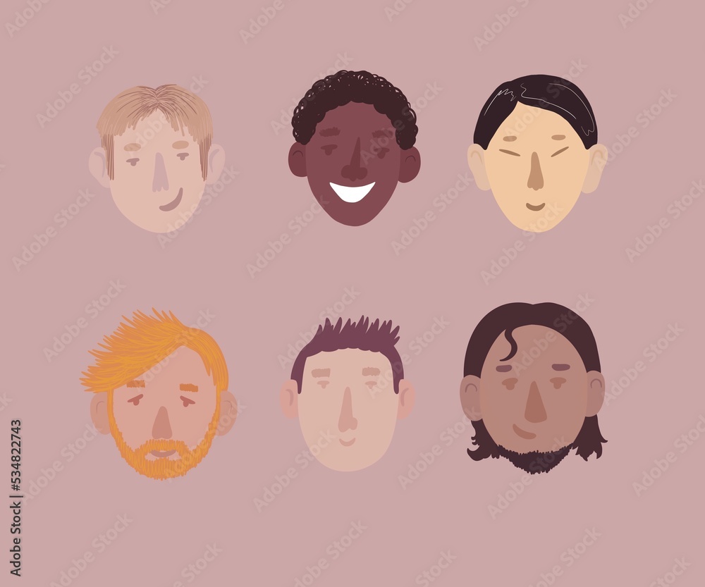 six handsome men, of different nationalities in pastel colors on a light brown background. concept of individuality and unity six handsome men, of different nationalities in pastel colors on a light brown background. concept of individuality and unity