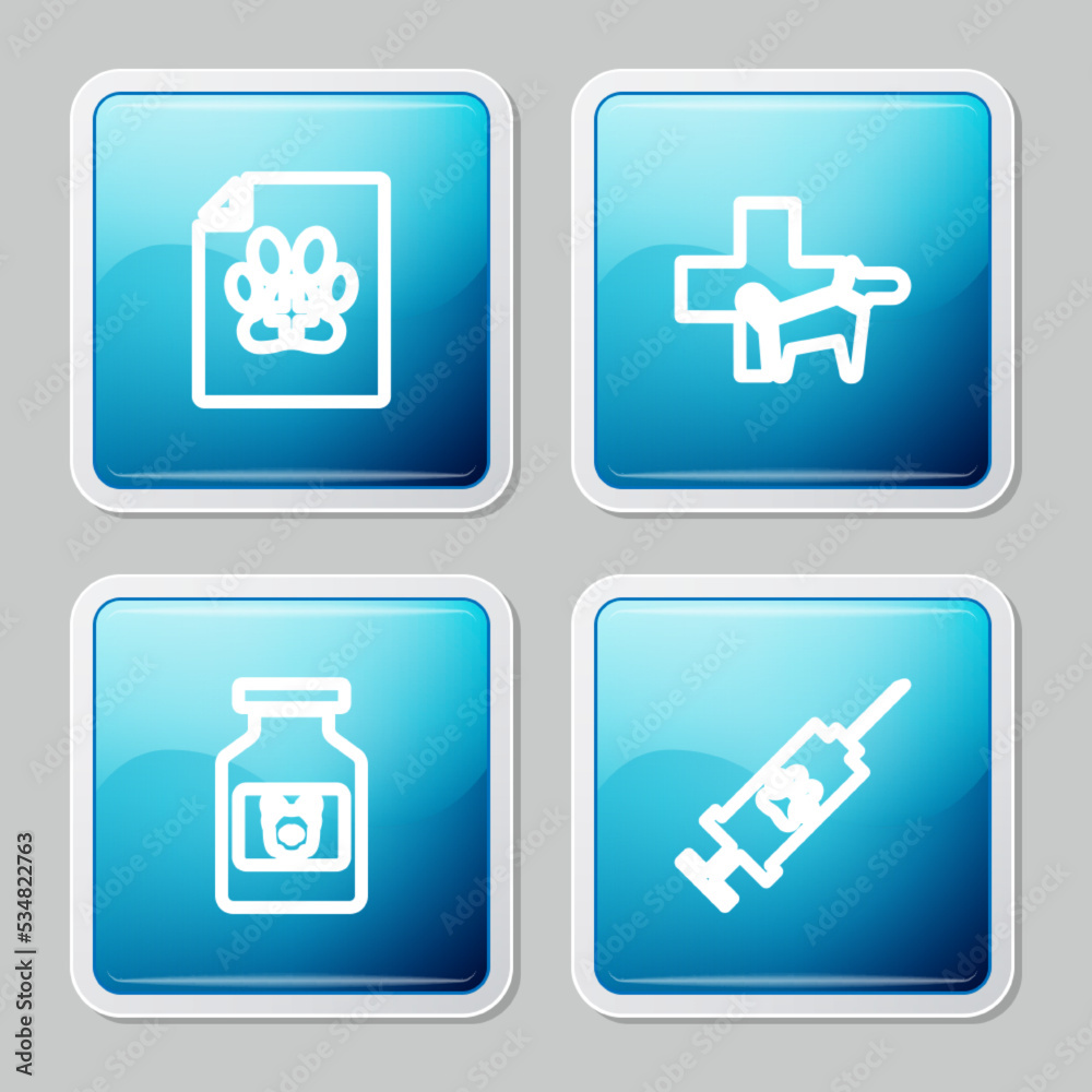 Set line Medical certificate for dog or cat, Veterinary clinic, Dog medicine bottle and Syringe with pet vaccine icon. Vector Set line Medical certificate for dog or cat, Veterinary clinic, Dog medicine bottle and Syringe with pet vaccine icon. Vector