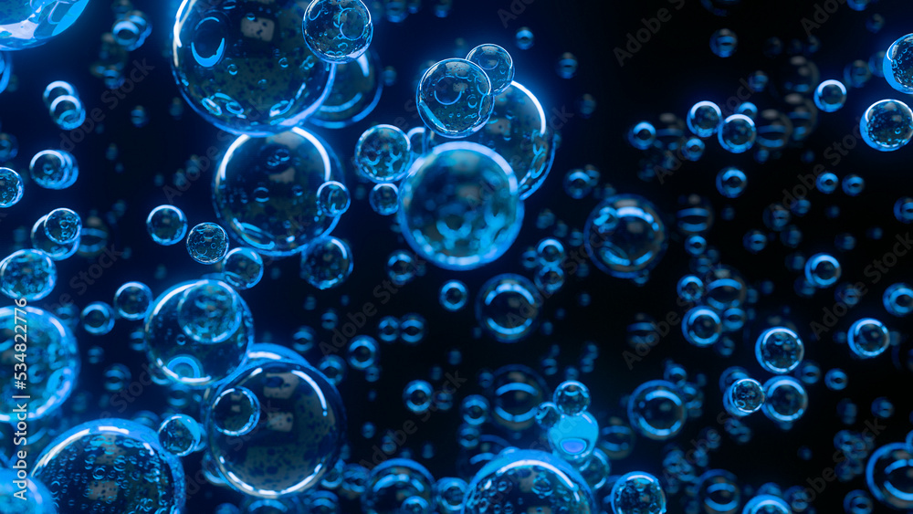 Underwater bubbles. Abstract blue bubble background. Distribution of bubbles. Nice 3d spheres with reflection. Macro shot of various air bubbles in water. 3D rendering