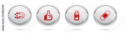 Set line Magnet with money, DNA research, search, Medical vial, ampoule and Bandage plaster. Silver circle button. Vector