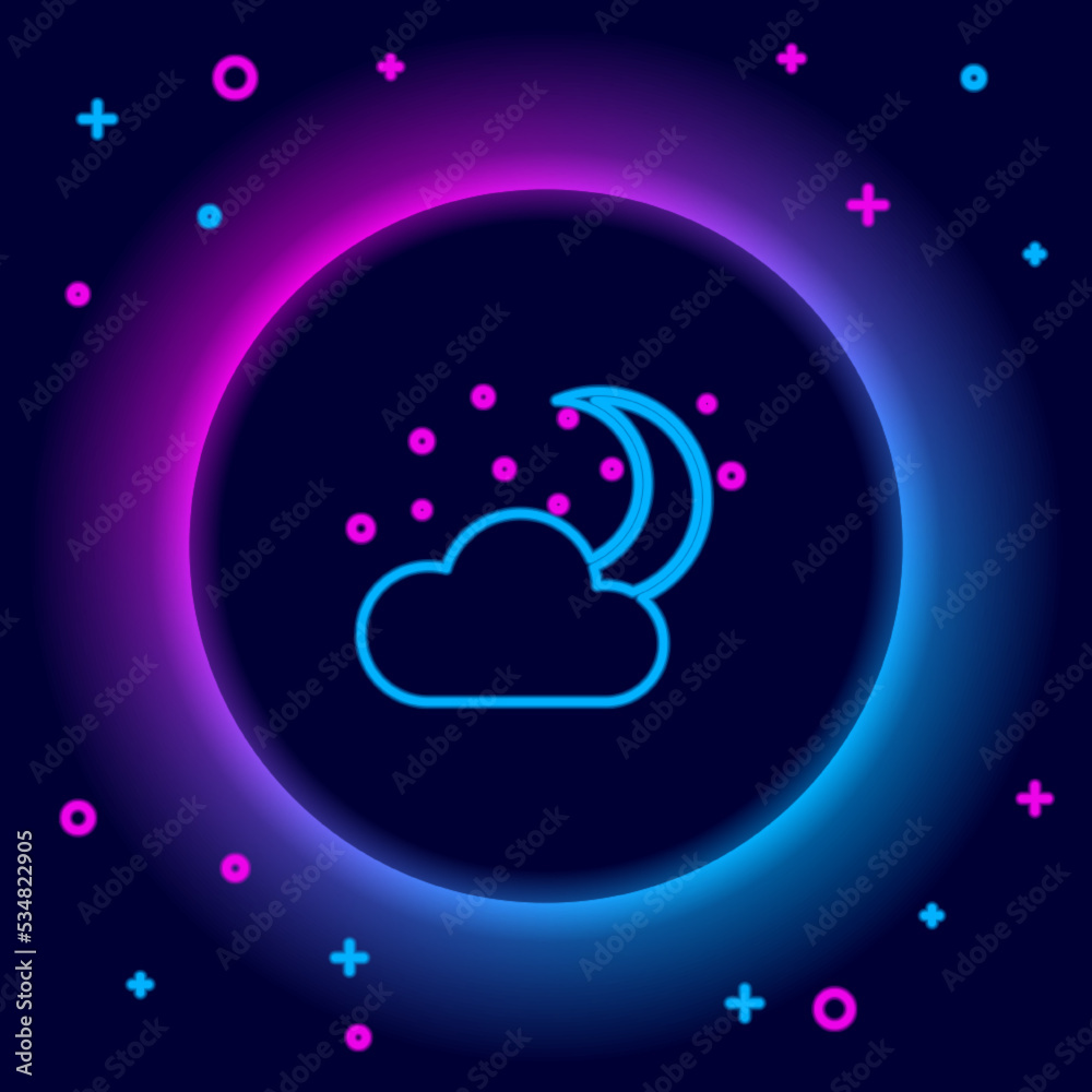 Glowing neon line Cloud with moon and stars icon isolated on black background. Cloudy night sign. Sleep dreams symbol. Night or bed time sign. Colorful outline concept. Vector Glowing neon line Cloud with moon and stars icon isolated on black background. Cloudy night sign. Sleep dreams symbol. Night or bed time sign. Colorful outline concept. Vector