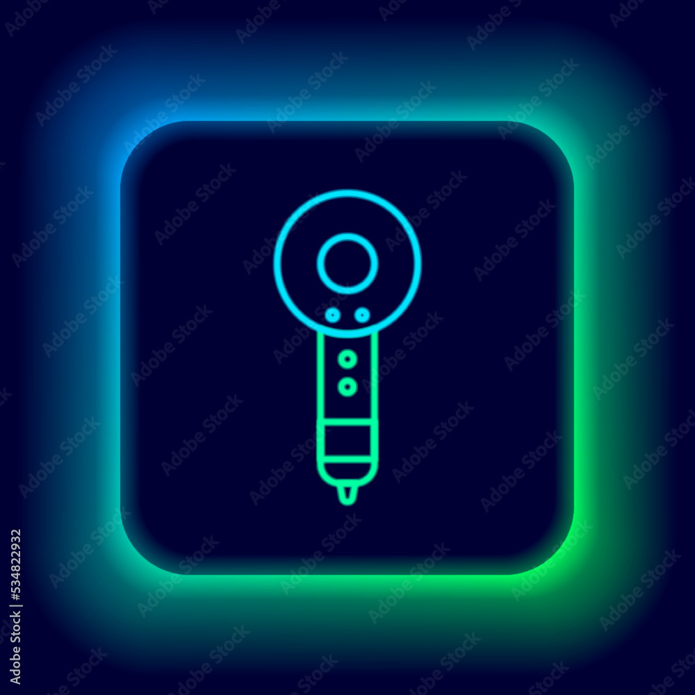 Glowing neon line Hair dryer icon isolated on black background. Hairdryer sign. Hair drying symbol. Blowing hot air. Colorful outline concept. Vector Glowing neon line Hair dryer icon isolated on black background. Hairdryer sign. Hair drying symbol. Blowing hot air. Colorful outline concept. Vector