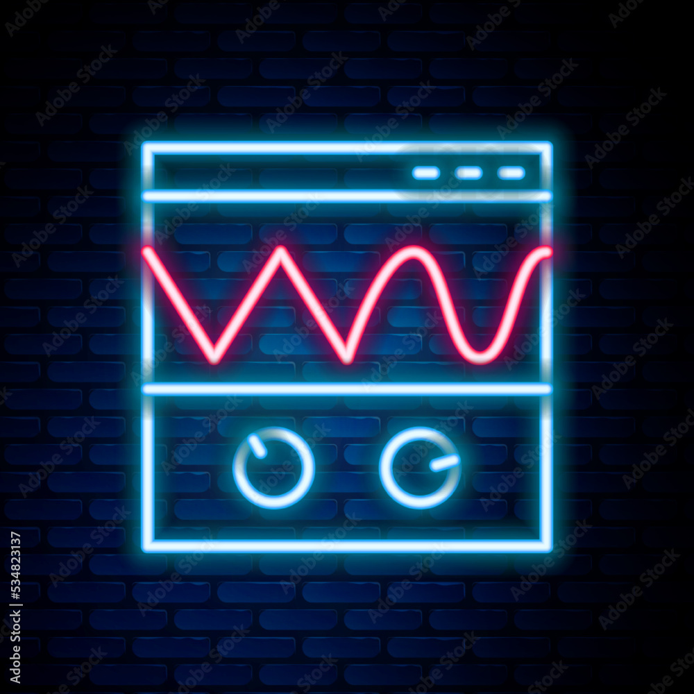 Glowing neon line Oscilloscope measurement signal wave icon isolated on brick wall background. Colorful outline concept. Vector