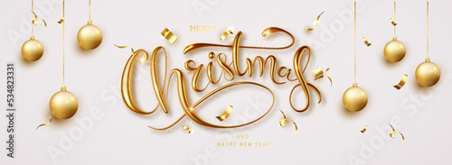 Merry Christmas greeting card concept. Hanging Christmas toys and with light. Poster template