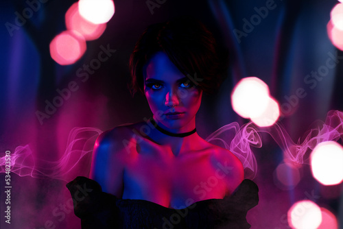 Collage picture of mystical vamp lady looking scary on masquerade isolated over neon dark color background photo