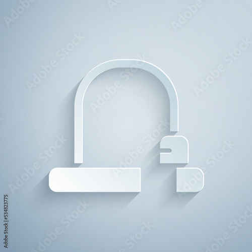 Paper cut Bicycle lock U shaped industrial icon isolated on grey background. Paper art style. Vector
