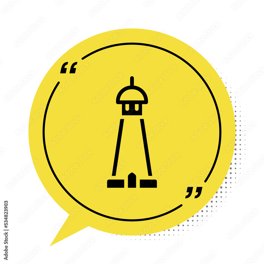 Black Mosque tower or minaret icon isolated on white background. Yellow speech bubble symbol. Vector