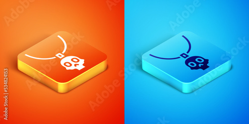 Isometric Necklace amulet icon isolated on orange and blue background. Vector