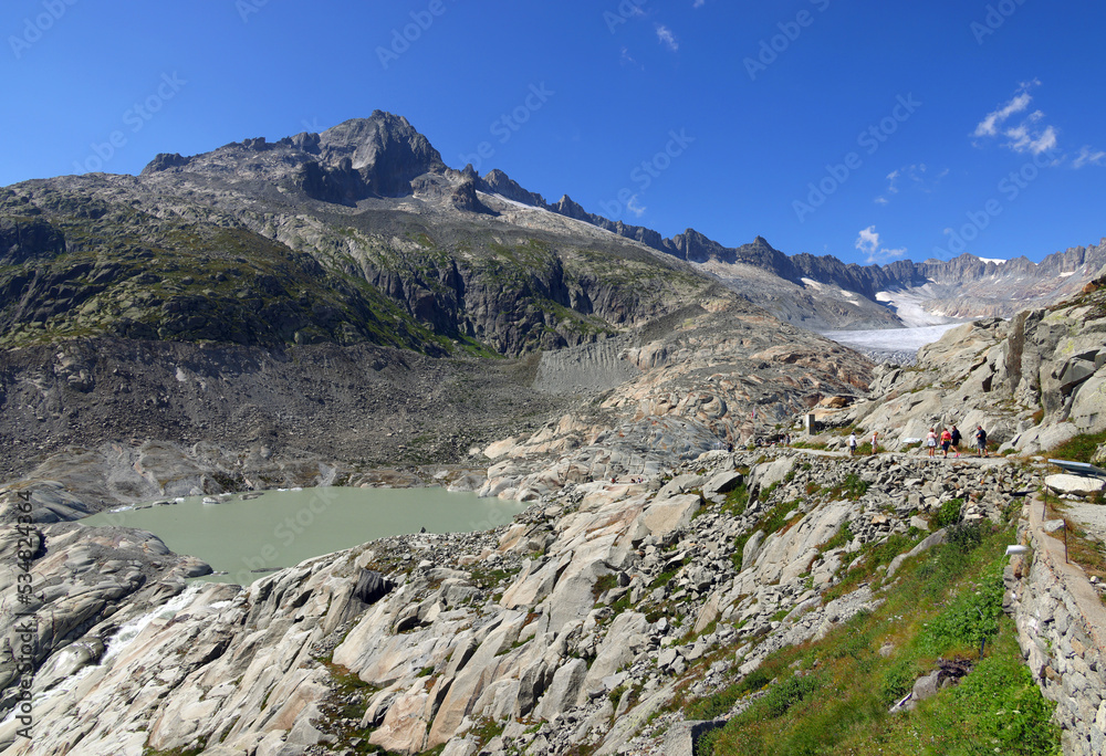 The Rhone Glacier, the source of the Rhone River at Furka Pass in the Swiss Alps, Europe
