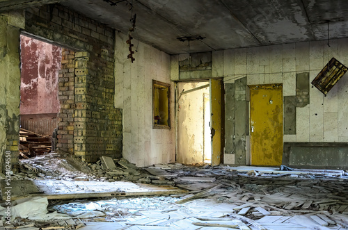 Interior of a Prypiat building in the Chernobyl exclusion zone, Ukraine photo