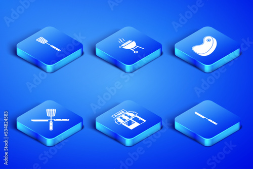 Set Barbecue knife, spatula, shopping building, Crossed and, grilled shish kebab and Steak meat icon. Vector