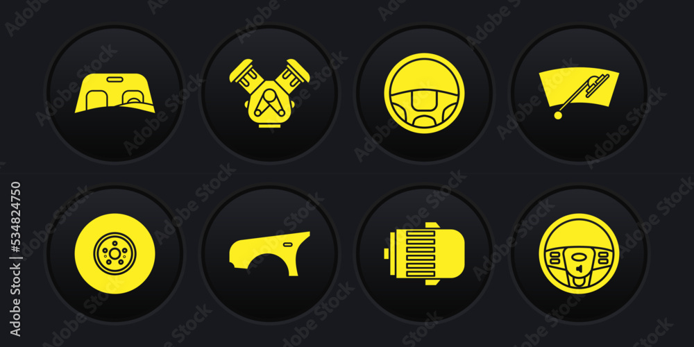Set Car brake disk, Windscreen wiper, fender, Electric engine, Steering wheel, and windscreen icon. Vector Set Car brake disk, Windscreen wiper, fender, Electric engine, Steering wheel, and windscreen icon. Vector