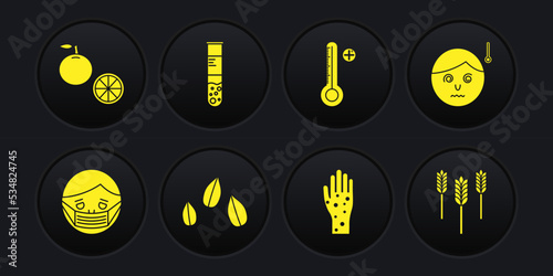 Set Face in protective mask, High human body temperature, Sesame seeds, Hand with psoriasis or eczema, Medical digital thermometer, Test tube flask, Wheat and Orange fruit icon. Vector