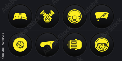 Set Car brake disk, Windscreen wiper, fender, Electric engine, Steering wheel, and windscreen icon. Vector